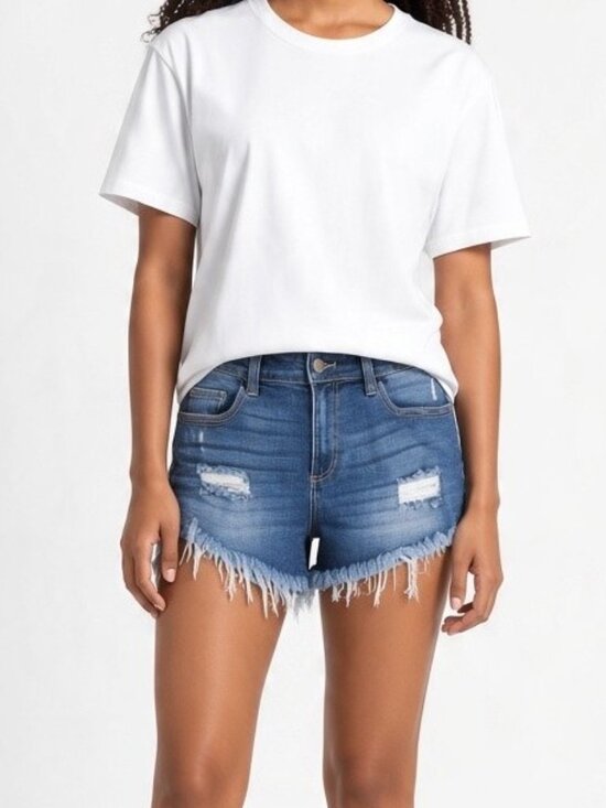 Cello Pants - CELLO V Cut Frayed Mid Rise Distressed Blue Denim Shorts sz L Medium Wash